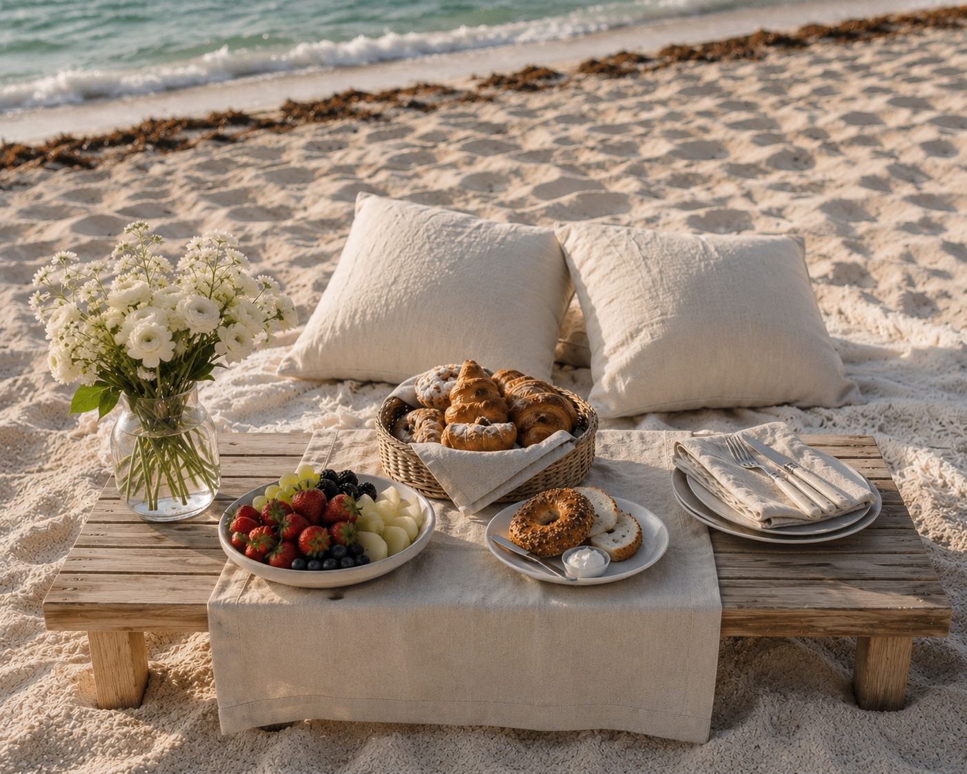 Beachside breakfast for two with pastries, fruit, and ocean view