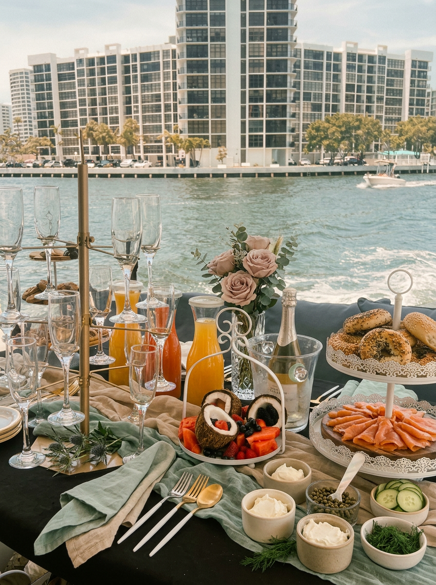 Elegant waterfront brunch spread with pastries, blooms, and coastal charm