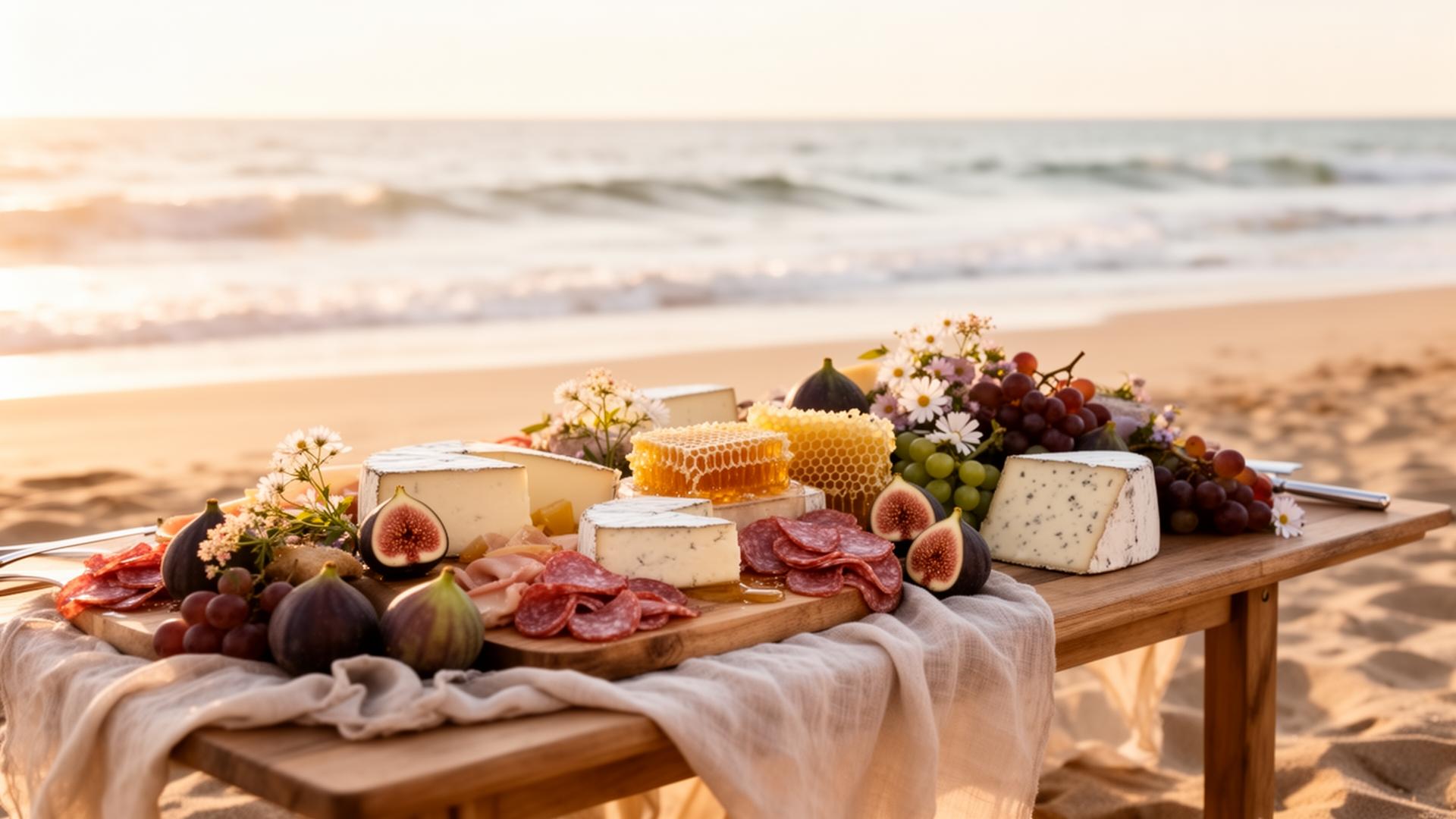 Luxury coastal grazing table at golden hour by the ocean